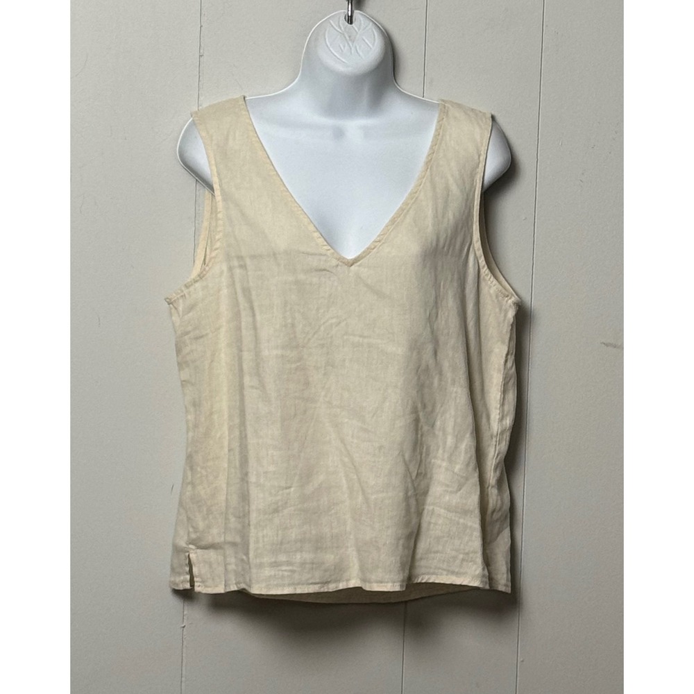 Tahari Women Beige 100% Linen V-Neck Sleeveless Tank Top Size Medium